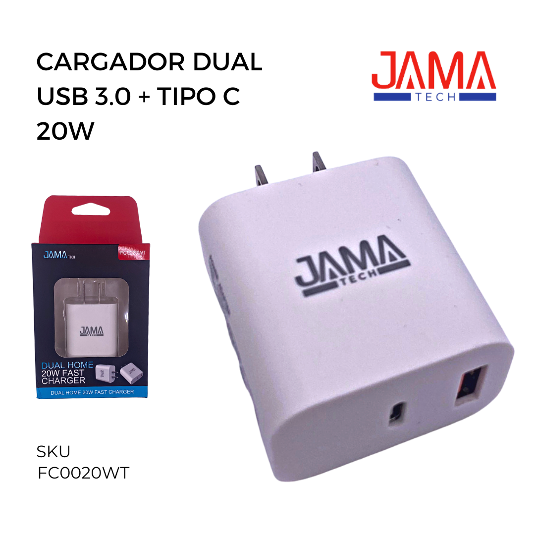 CARGADOR RAPIDO DE PARED 20W DUAL USB 3.0 + TIPO C JAMATECH