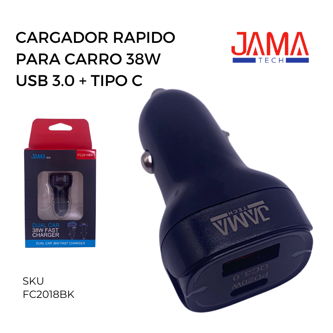 CARGADOR RAPIDO PARA CARRO 38W USB 3.0 JAMATECH