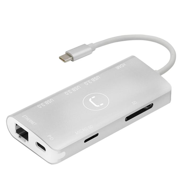 HUB TIPO C 8 EN 1 (3 USB 3.0+MICROSD+SD+HDMI+ETHERNET+PD) UNNO