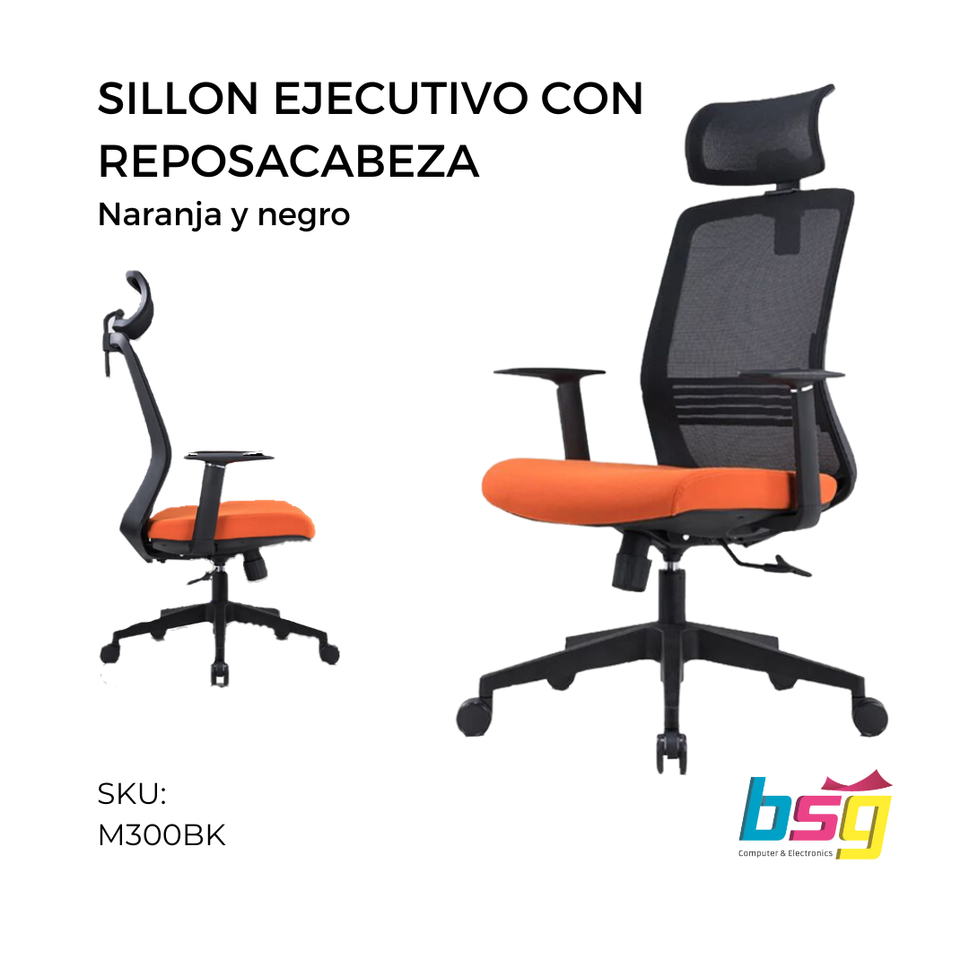 SILLON EJECUTIVO CON REPOSACABEZA NARANJA Y NEGRO