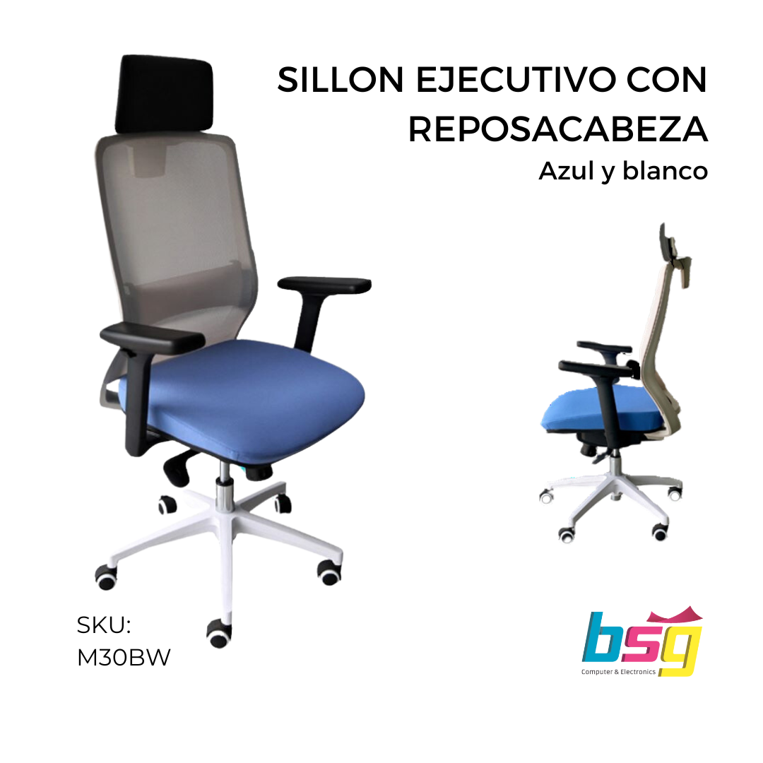 SILLON EJECUTIVO CON REPOSACABEZA AZUL Y BLANCO